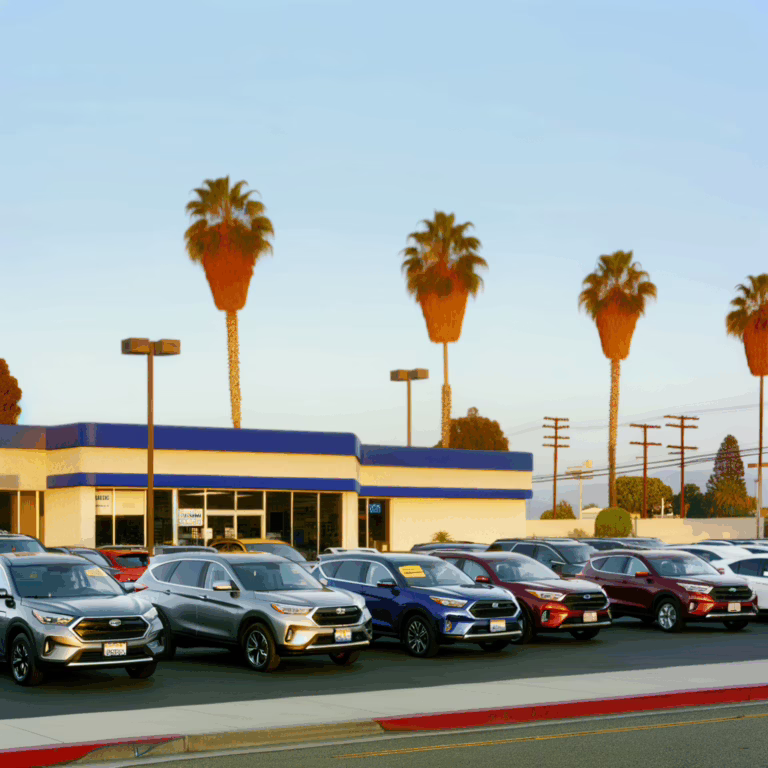 Exterior view of a California vehicle dealer office and lot with parked cars, palm trees, and a clear business entrance.