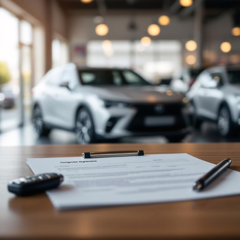 Consignment agreement, car keys, and pen on a wooden desk in a dealership, with showroom cars softly blurred behind.