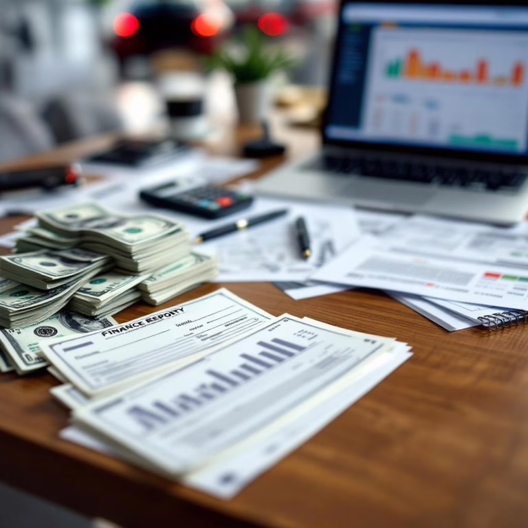 A car dealership finance desk with cash, checks, a key fob, and paperwork, in natural light with shallow depth of field.