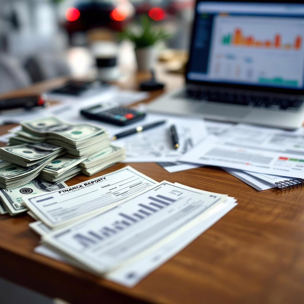 A car dealership finance desk with cash, checks, a key fob, and paperwork, in natural light with shallow depth of field.