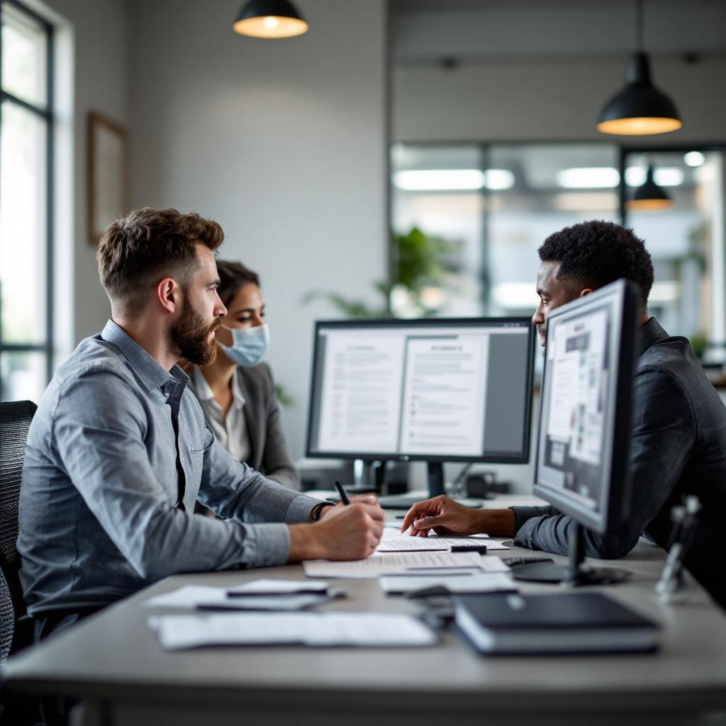 Finance manager and customer reviewing identity theft prevention paperwork in a modern California auto dealership office.