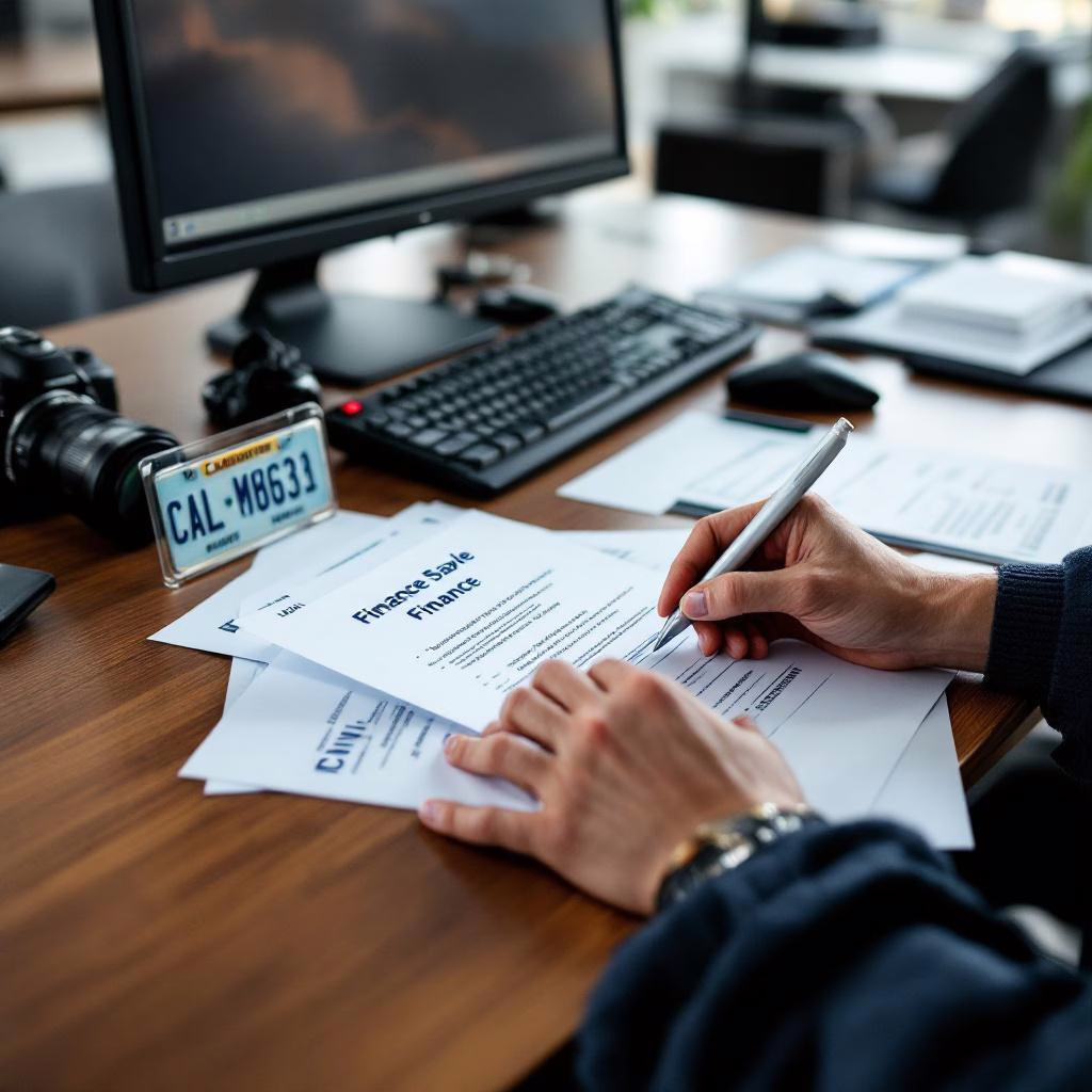California car dealership office desk with DMV sale forms, license plate, and car keys neatly arranged for compliance review.