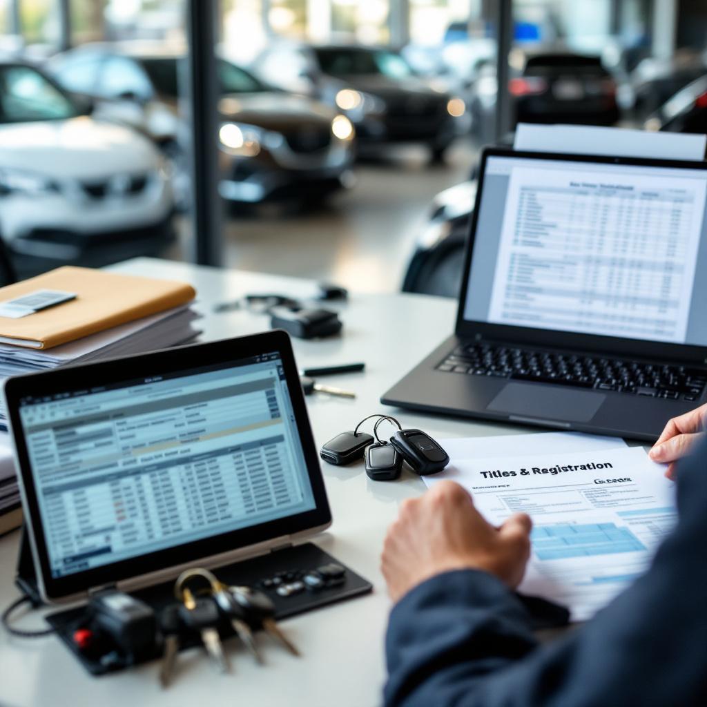 Dealer clerk reviews California DMV body type code paperwork at a desk with vehicle documents and keys in a car showroom office.