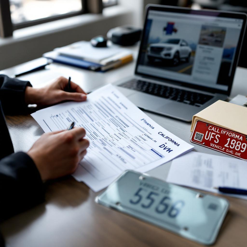 Dealer reviewing California vehicle sale paperwork and temporary license plate documents on a desk in a bright office.