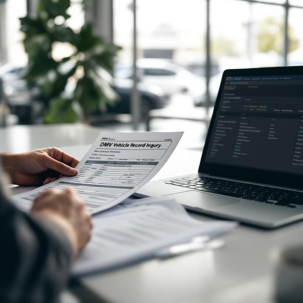 Dealer reviewing a DMV vehicle record inquiry printout with title and registration documents at a desk in a California showroom office.