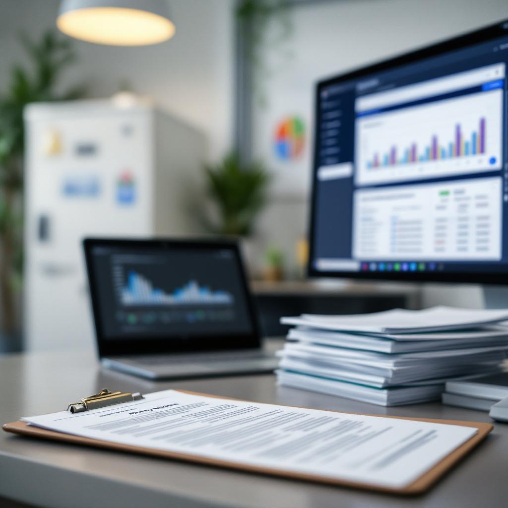 Clean auto dealership finance office desk with organized deal jackets, locked filing cabinet, and blurred computer screen for data privacy.