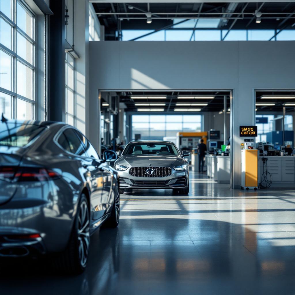 California auto dealership service lane with a late-model car near a smog check bay and diagnostic equipment in natural daylight.