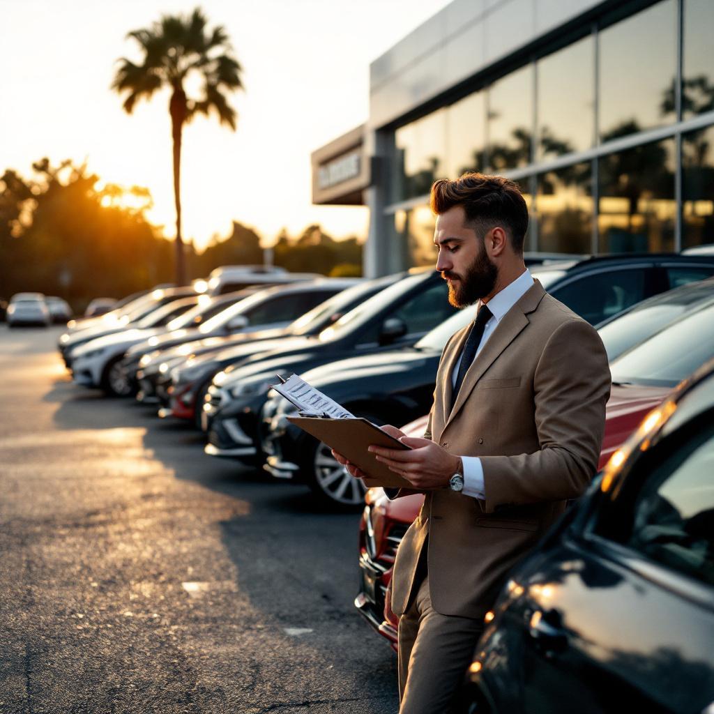 California car dealership lot at sunset with a staff member reviewing vehicle ad paperwork beside a row of cars.