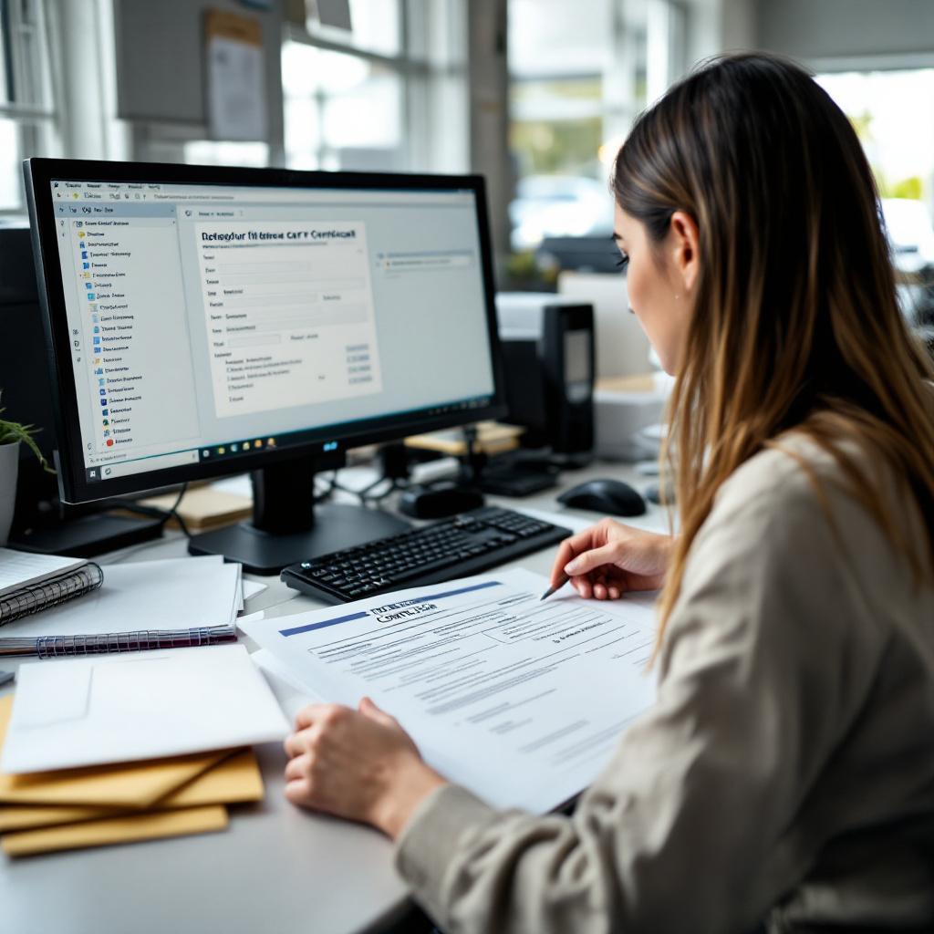Dealership title clerk reviews numbered California DMV REG 51 forms, control log, and outgoing mail for used vehicle sales.