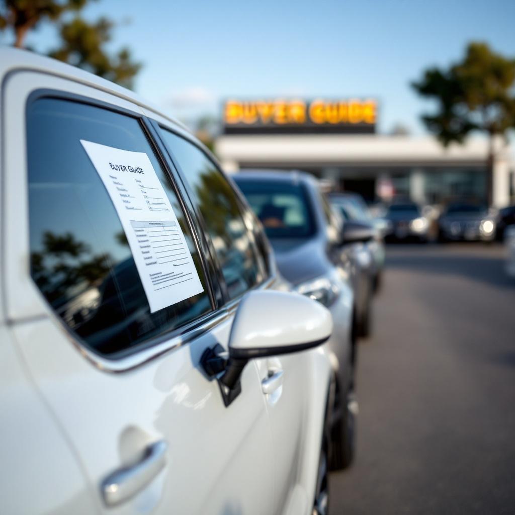 Used cars lined up on a California dealership lot with a window form on a front vehicle, photographed in natural daylight.