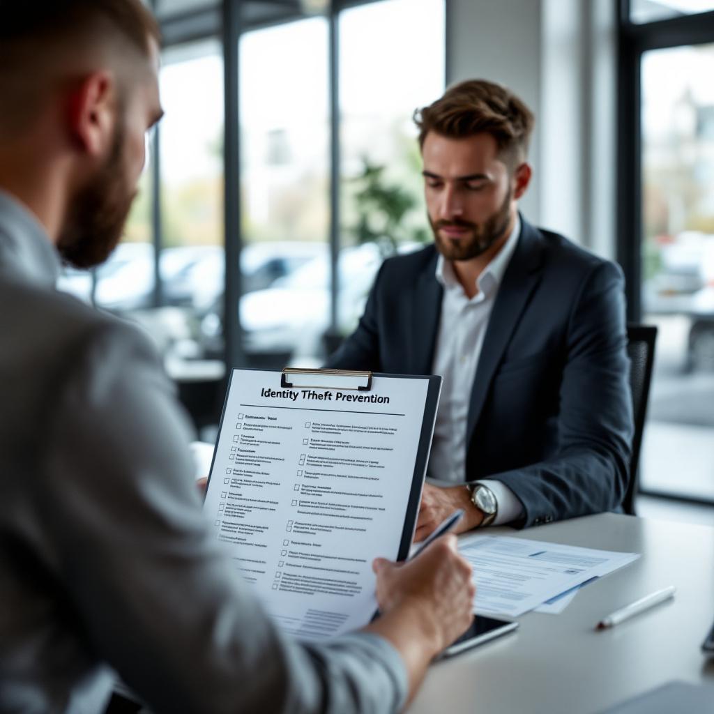 Compliance manager reviews identity theft prevention checklist and auto finance documents in a modern dealership office.