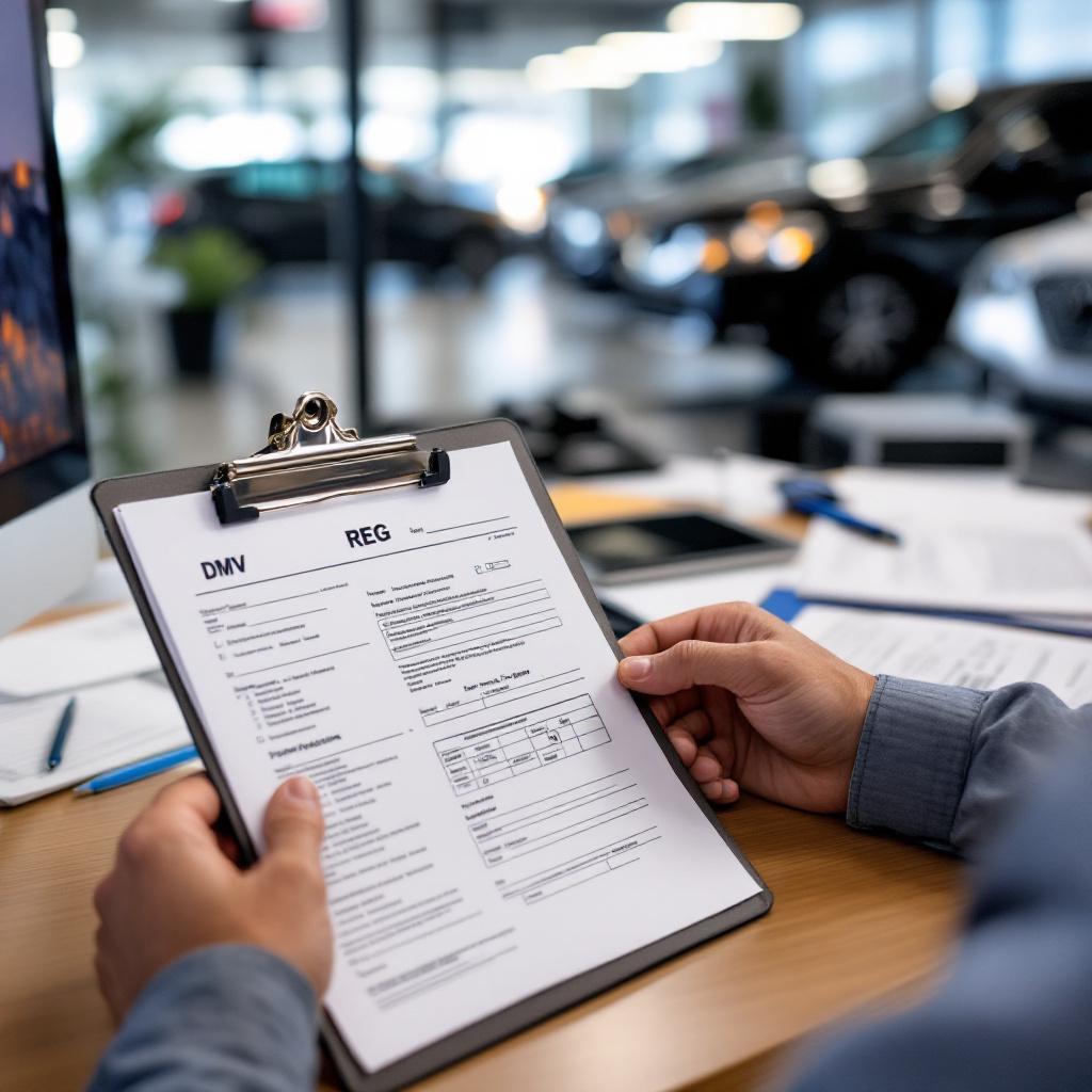 California car dealer reviews DMV statement of facts forms at a clean office desk with vehicles visible in the blurred background.