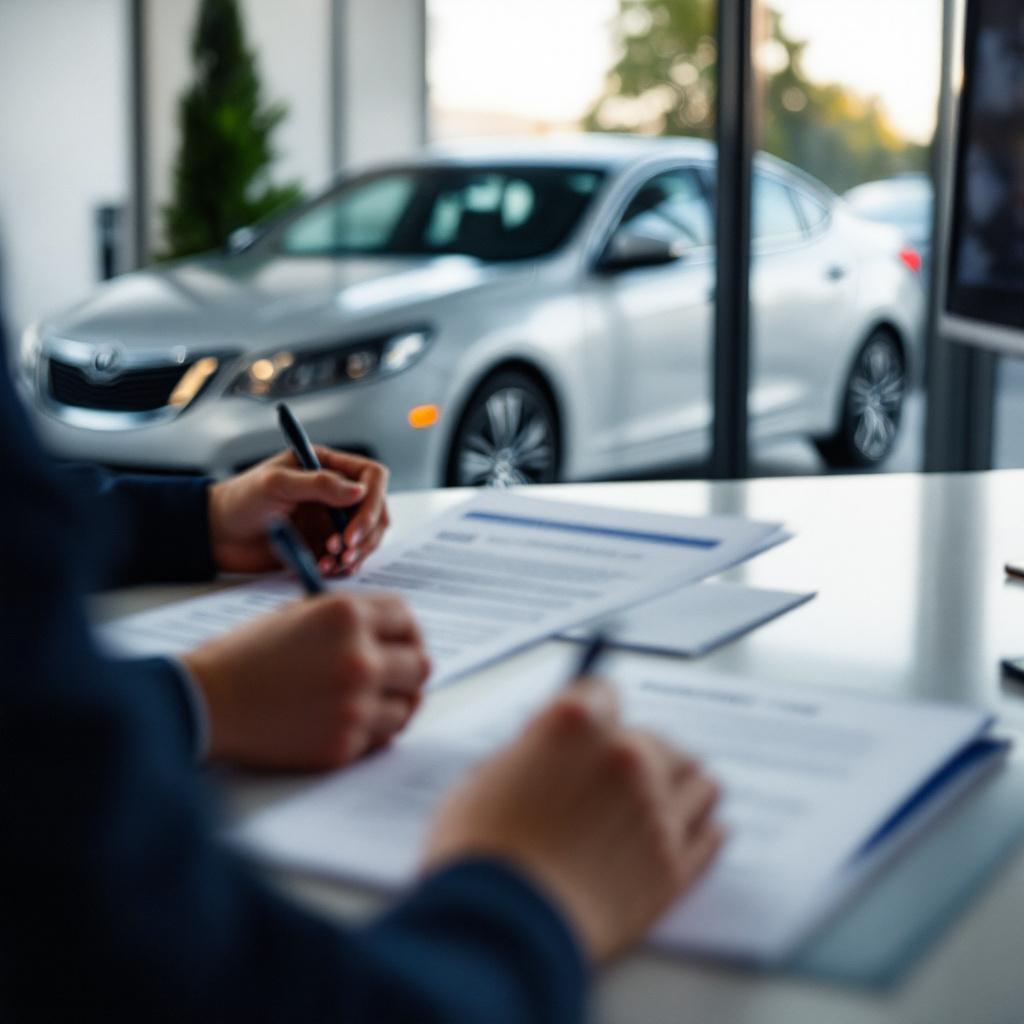 Dealer completing odometer disclosure and title forms at a clean desk with a used car visible through a dealership office window.