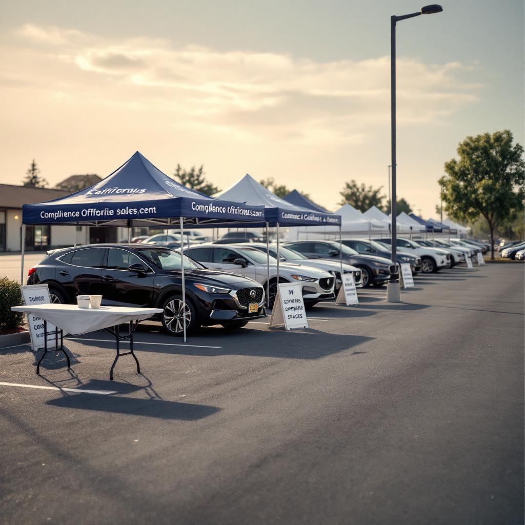 Temporary California car dealer offsite sales event in a parking lot with lined vehicles, canopy tents, and visible compliance signage.