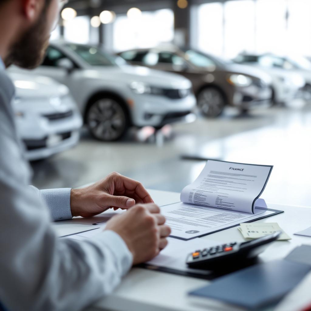 Auto dealer and customer reviewing cash payment and paperwork at a finance office desk in a modern car dealership showroom.