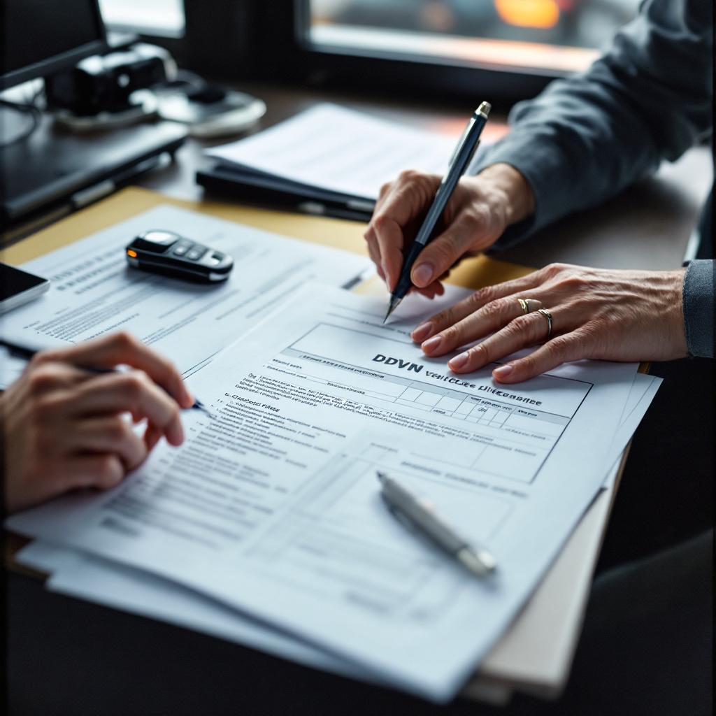 Dealer in a California office organizing generic vehicle title and odometer disclosure paperwork on a clean desk.