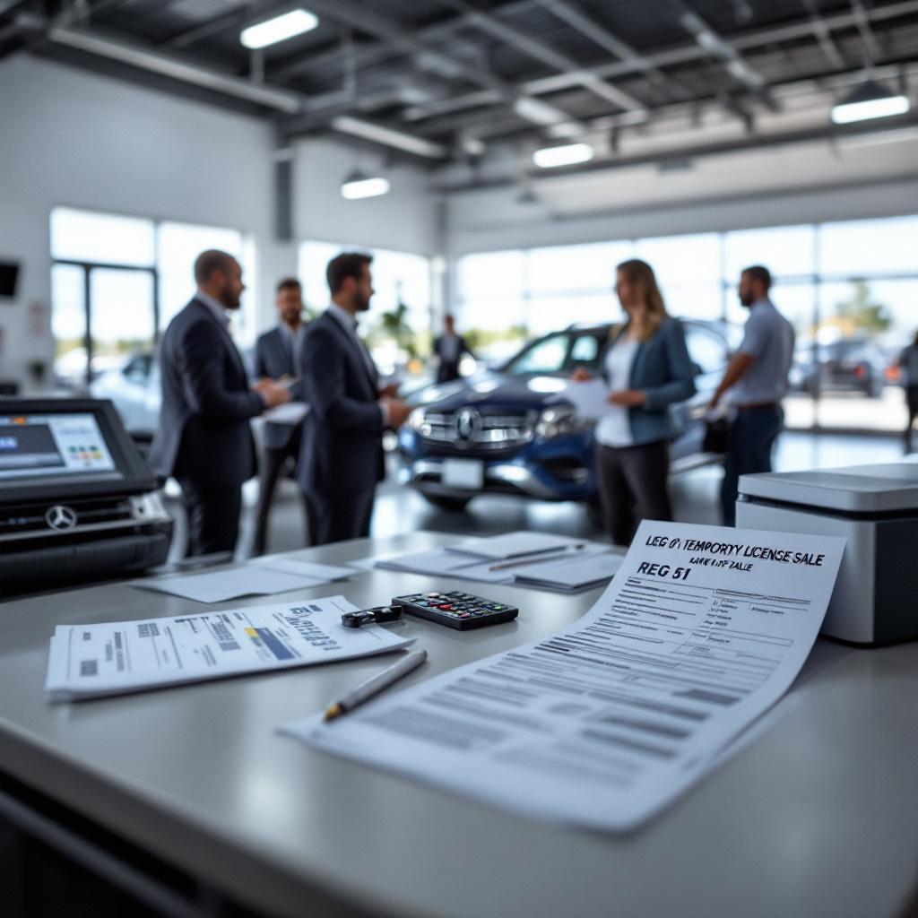 California dealership staff review printed temporary license plates and a REG 51 form beside a new vehicle in the delivery area.