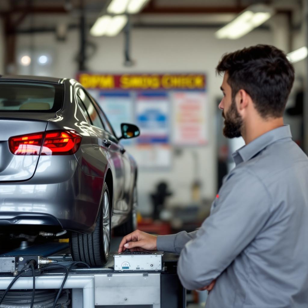 Technician performing a smog check on a late-model sedan in a California dealership service bay with testing equipment attached.