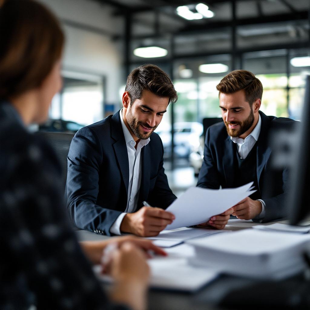 Finance manager and dealership employee review identity documents and auto finance paperwork in a California car dealership office.