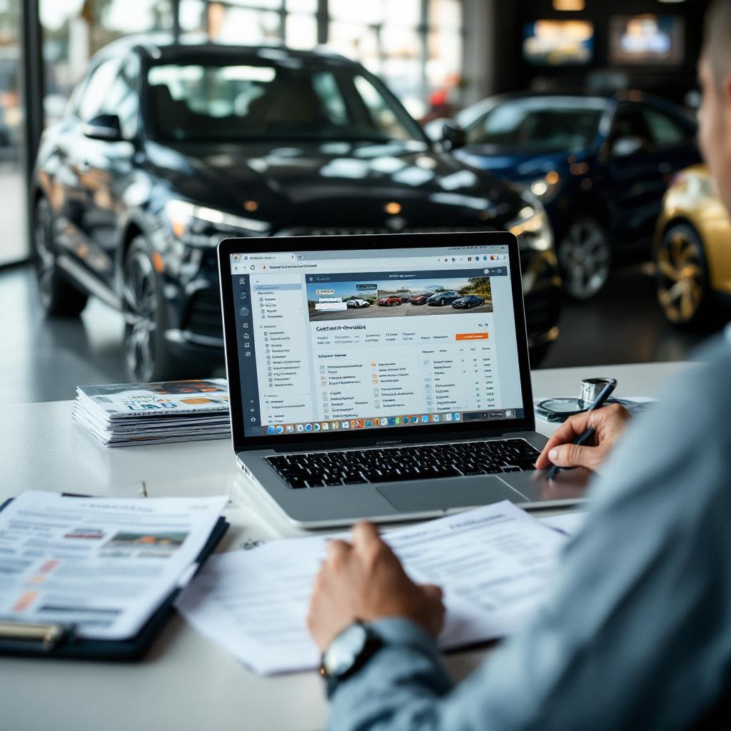 Compliance manager in a California car dealership showroom reviewing vehicle advertising checklists and online listings on a laptop.