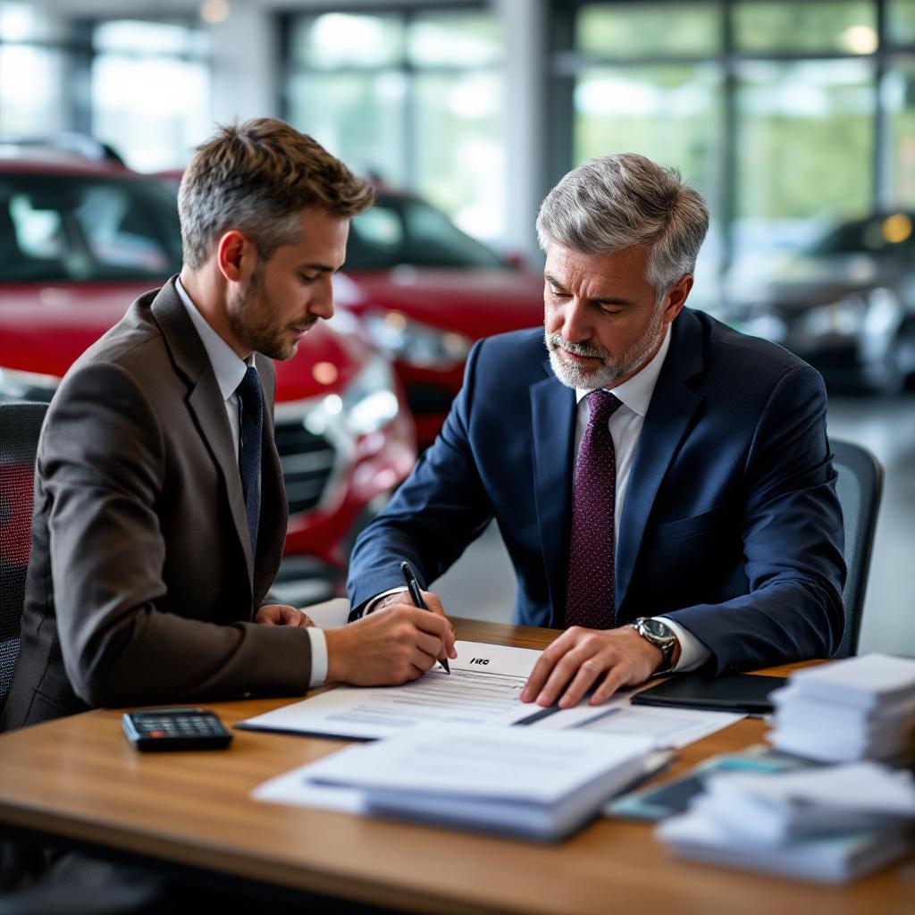 Auto dealership manager reviewing cash reporting forms at a clean desk with car paperwork and calculator in a bright finance office.