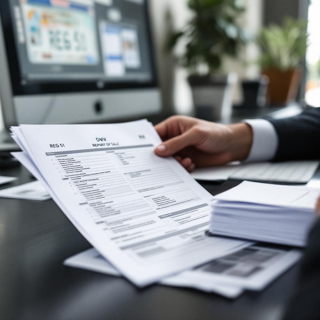 Dealer reviews California REG 51 report of sale forms at an organized office desk in a used car dealership.