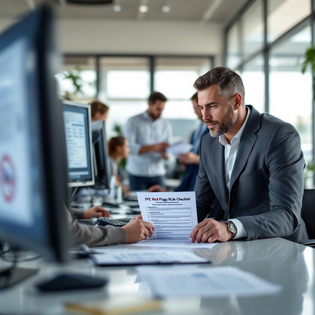 Compliance staff in a California car dealership finance office reviewing identity theft prevention checklists and paperwork.