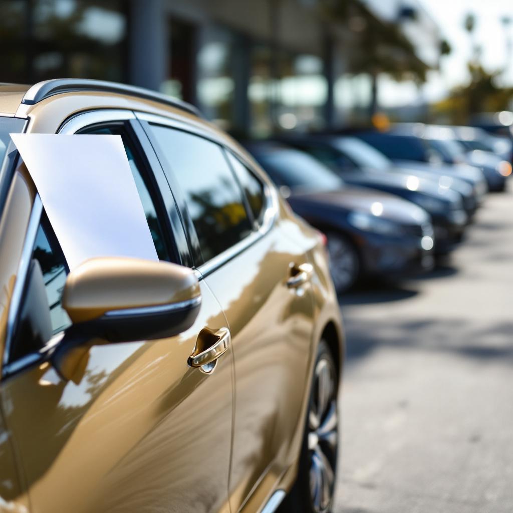 Used car dealership lot in California with a row of clean pre-owned vehicles and a blank buyer’s guide sheet in a window.