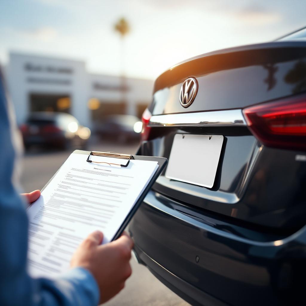Rear view of a car at a California dealership with a temporary paper license plate and paperwork visible during delivery.