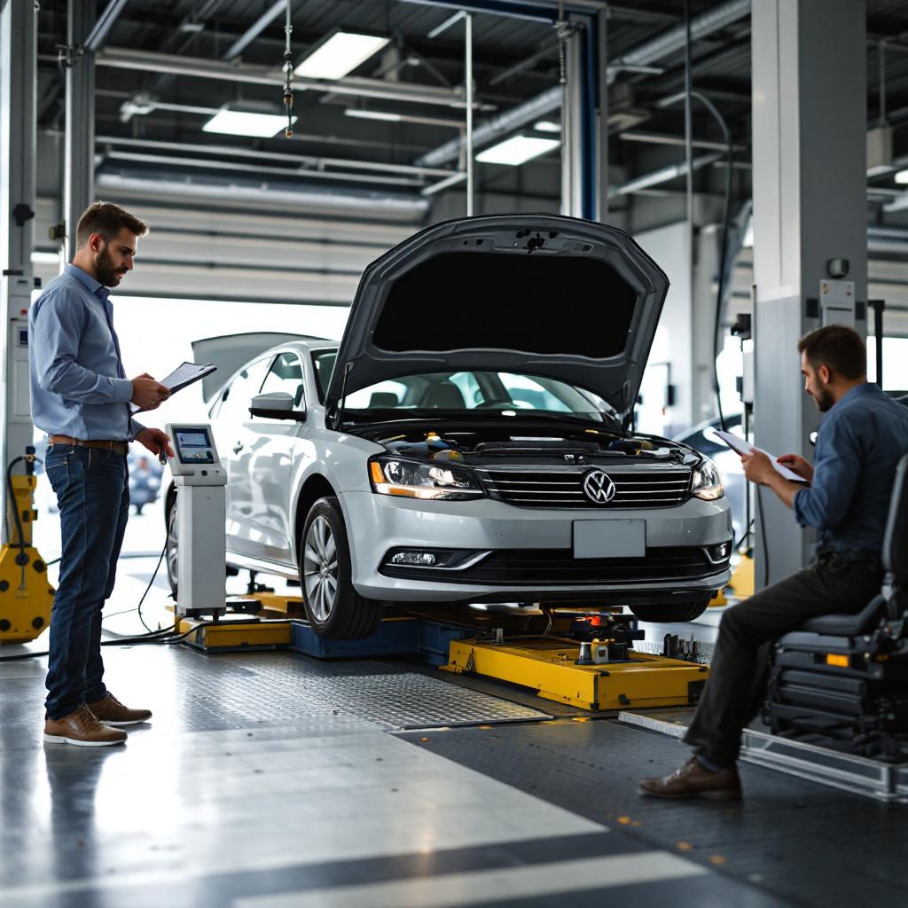 Smog inspection in progress on a used sedan at a California dealership service bay, with a service advisor reviewing a compliance checklist.